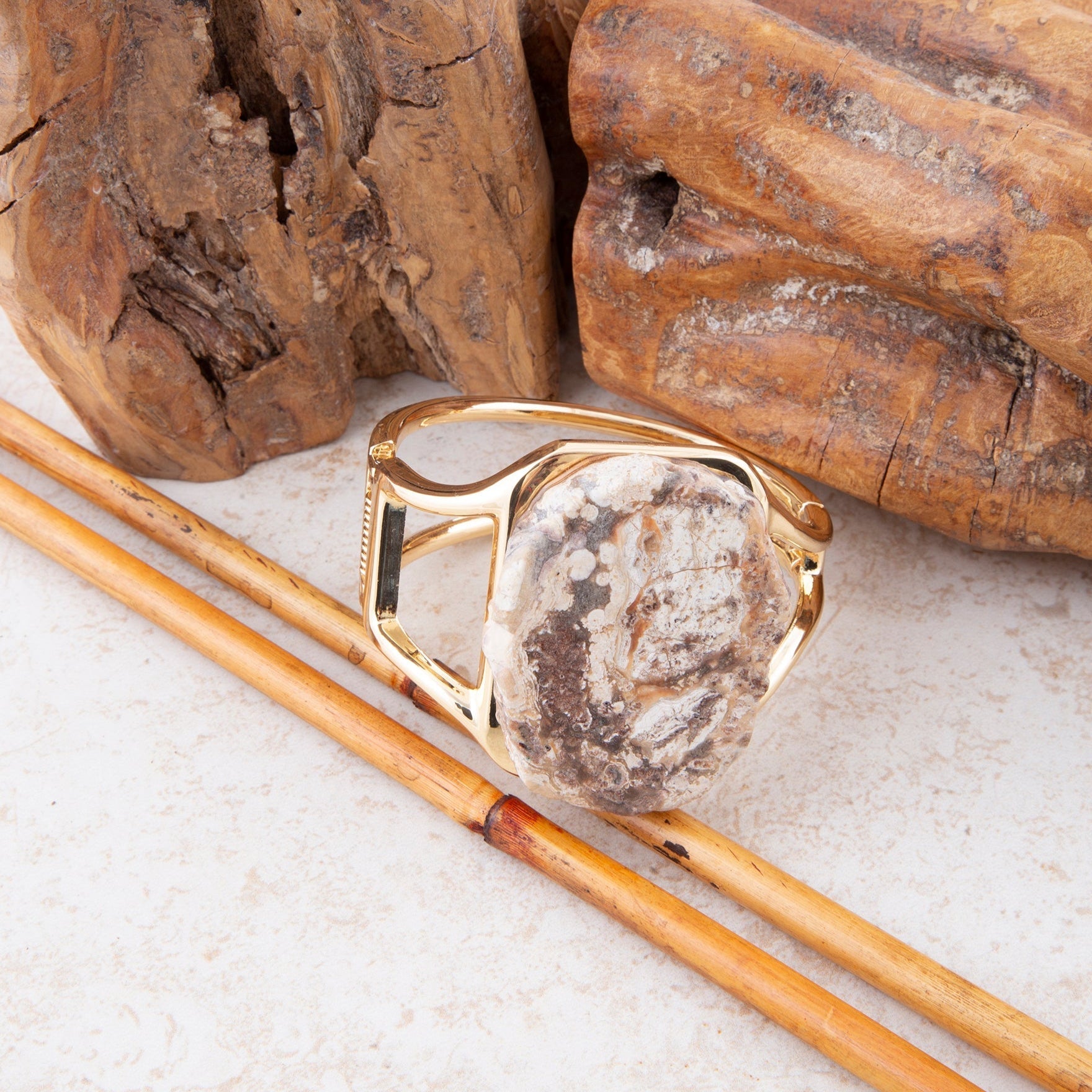 Brown Ocean Jasper Slab Golden Cuff Bracelet