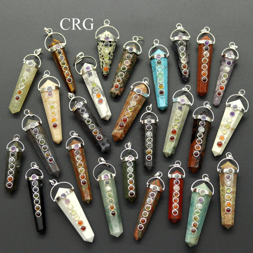 Regal Rebel 22 presents The Mixed Gemstone Obelisk Double Point Pendants with 7 Stone Detail (4 Pieces) (2 Inches)