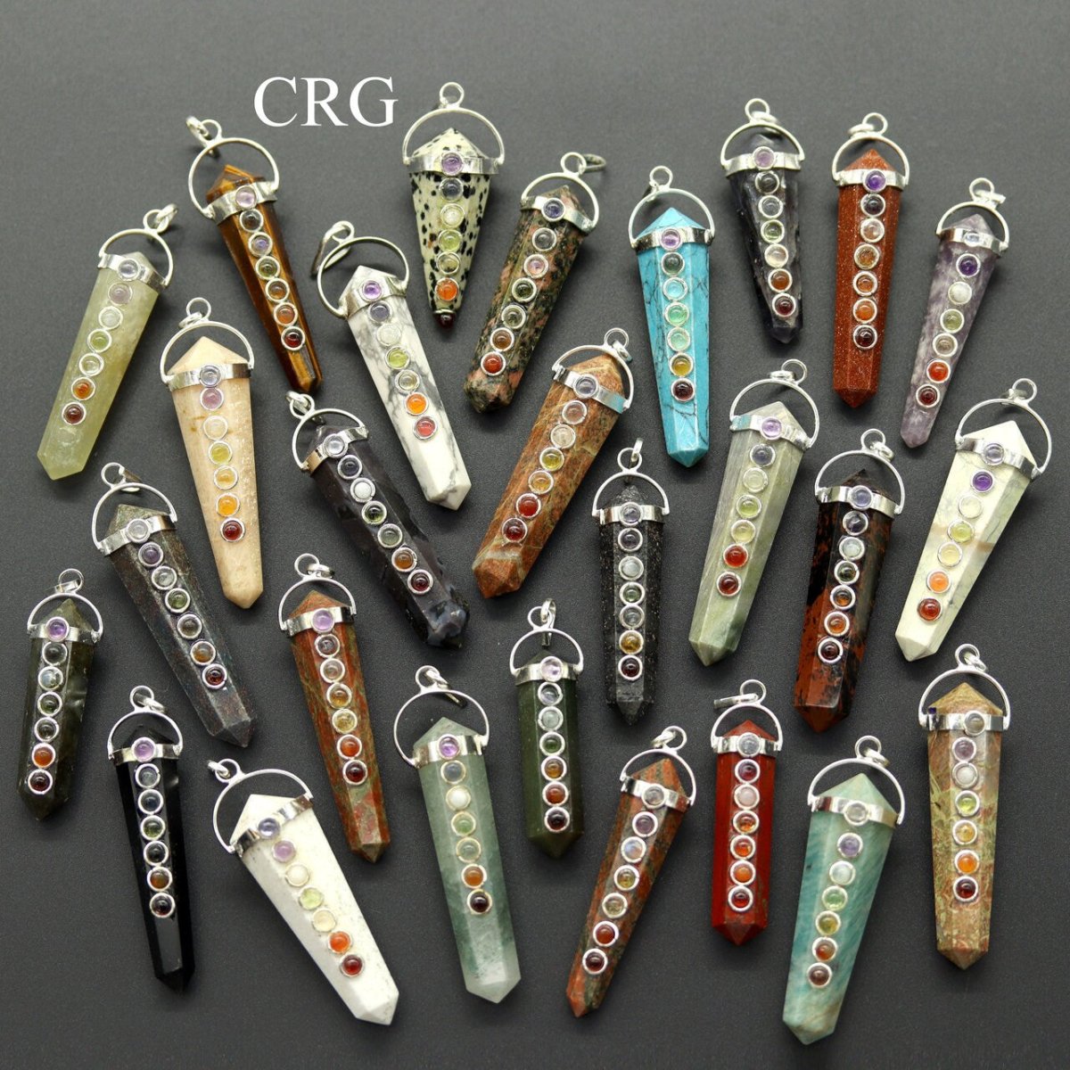 Regal Rebel 22 presents The Mixed Gemstone Obelisk Double Point Pendants with 7 Stone Detail (4 Pieces) (2 Inches)